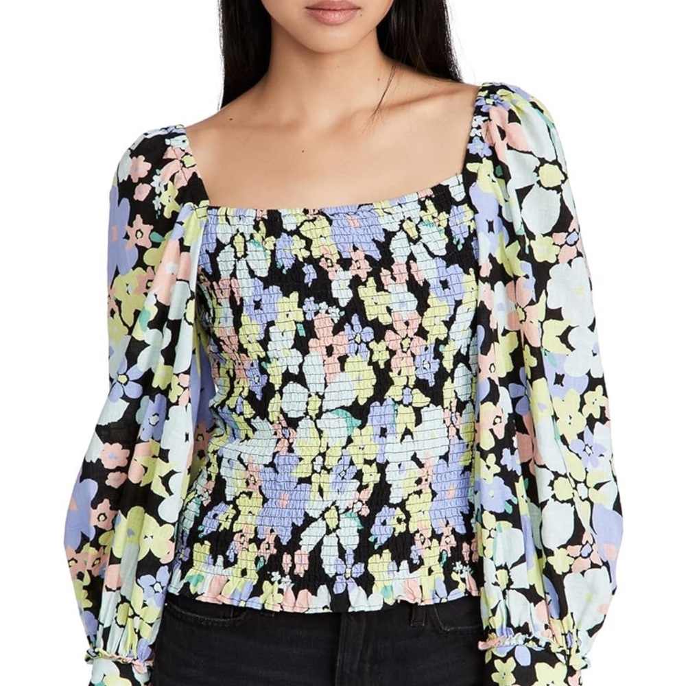 Free People Blue and Yellow Puff Sleeve Blouse